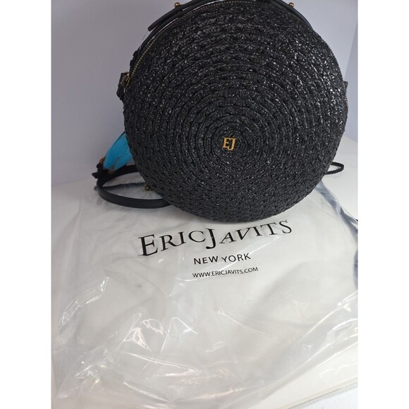 Eric Javits Canteen Style Black Woven Shoulder Bag w/Feather Details 9" Across - Picture 1 of 14